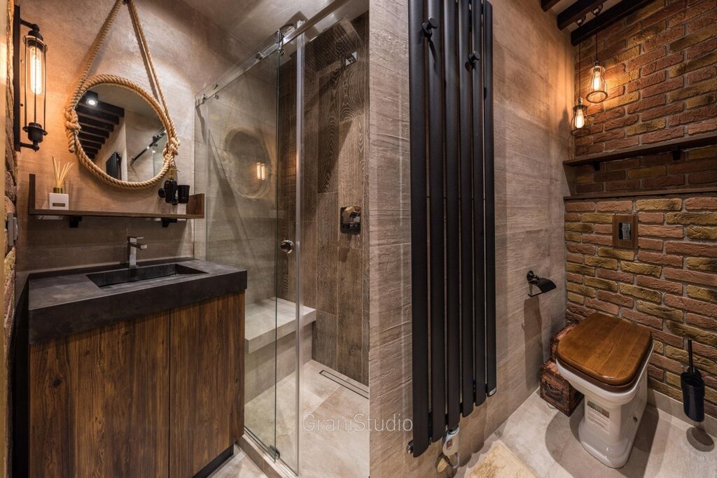 A loft-style bathroom with a shower