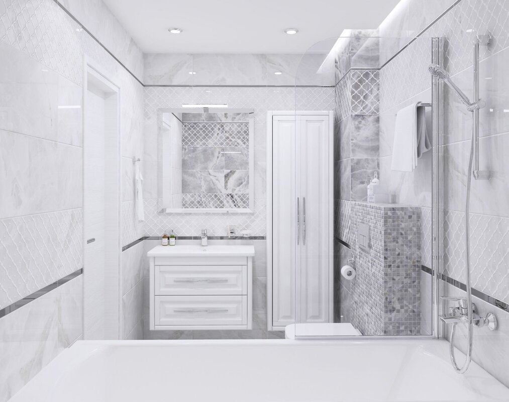 A bathroom in light gray tones