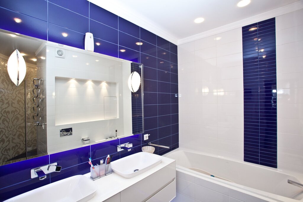 A bathroom in dark blue color