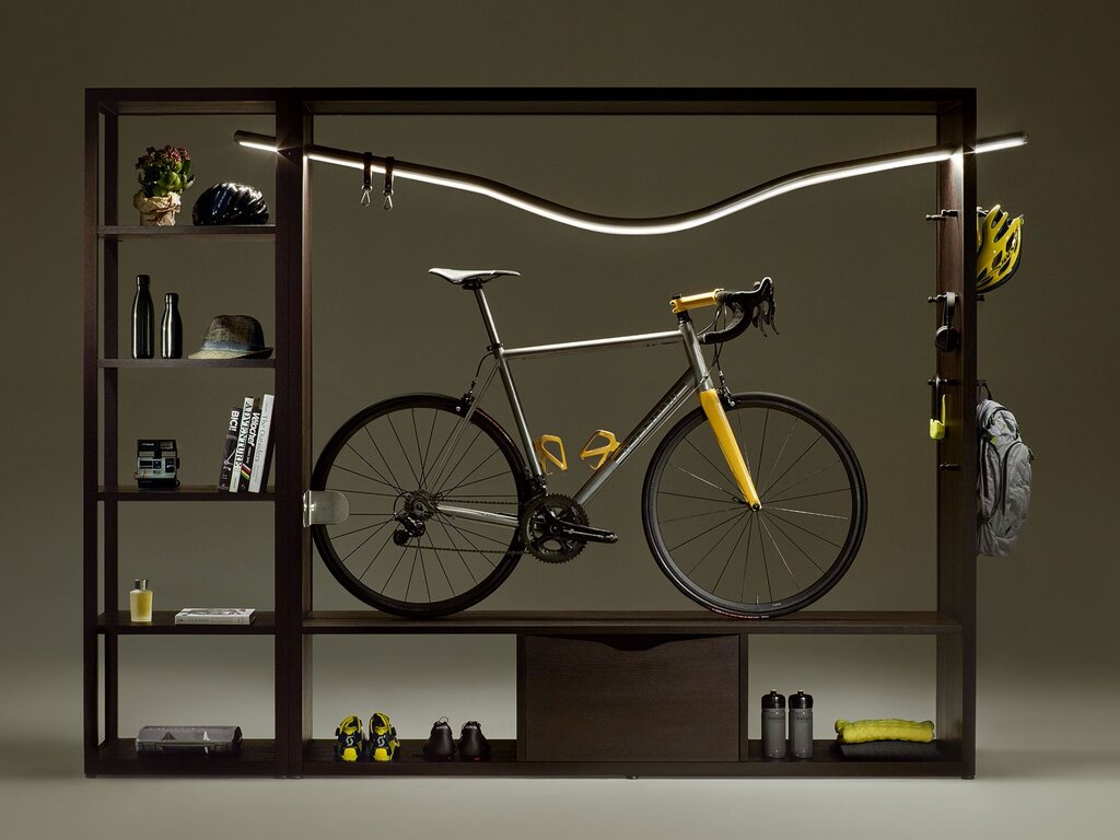 A bicycle on the wall in the interior