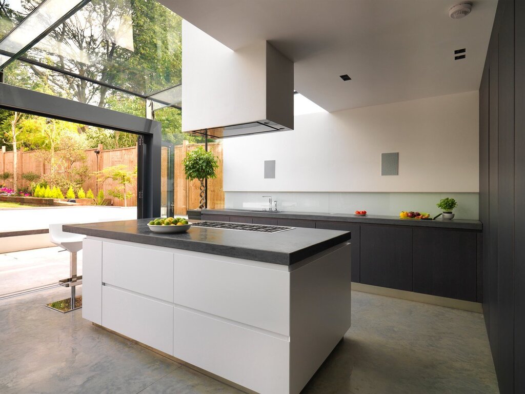 The range hood above the island in the kitchen