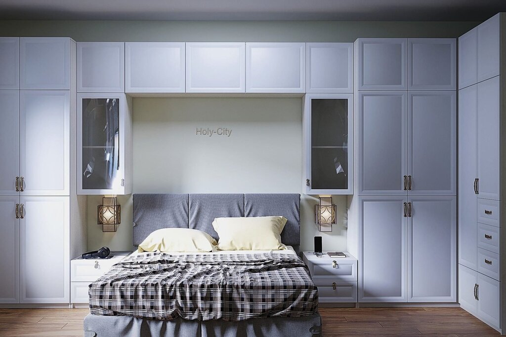 Built-in wardrobes in the bedroom with a bed