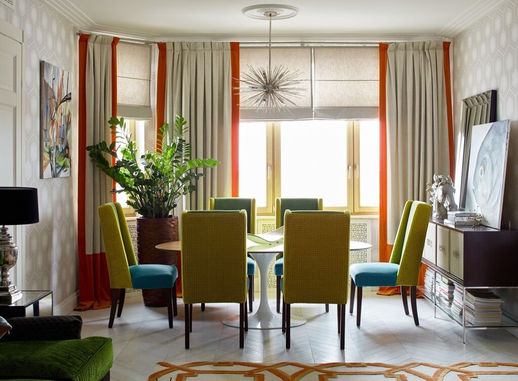 Bright curtains in the living room interior