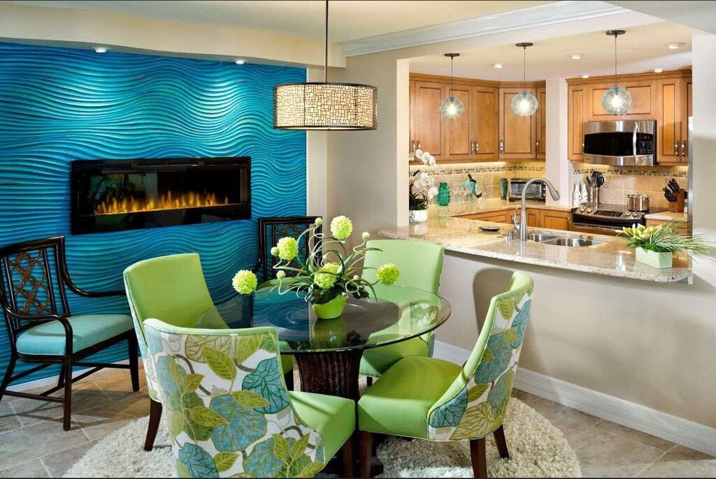 Green kitchen living room