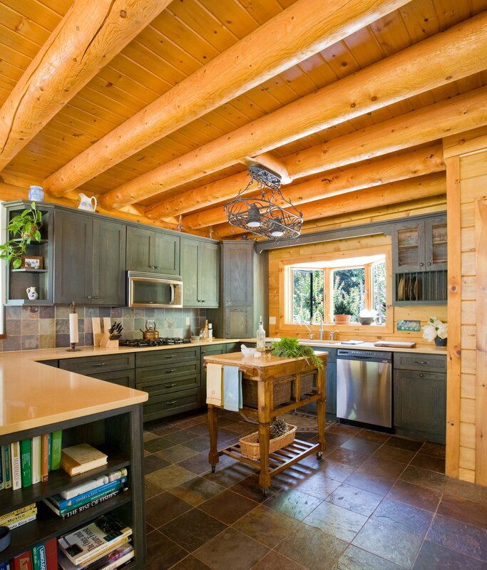 Green kitchen in a wooden house