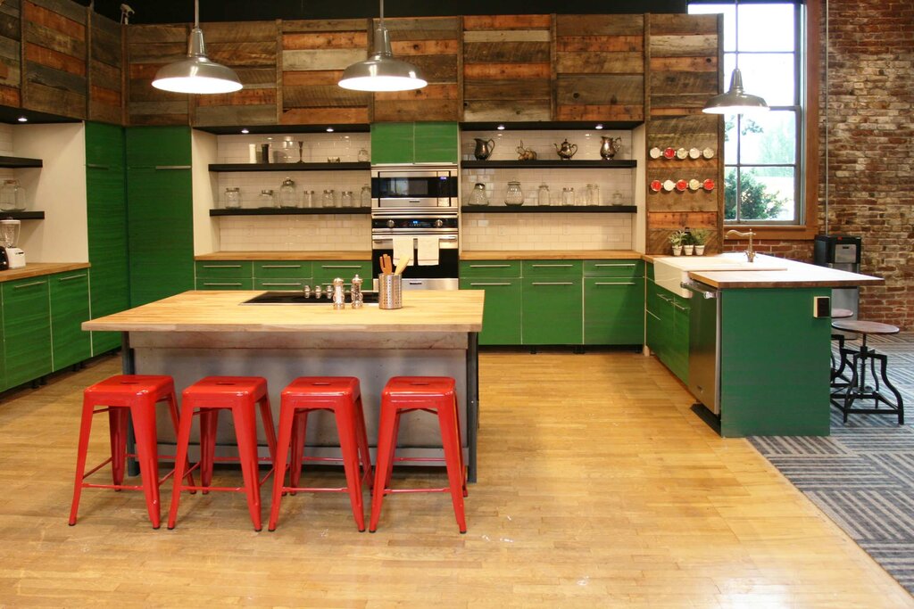 Green kitchen in loft style