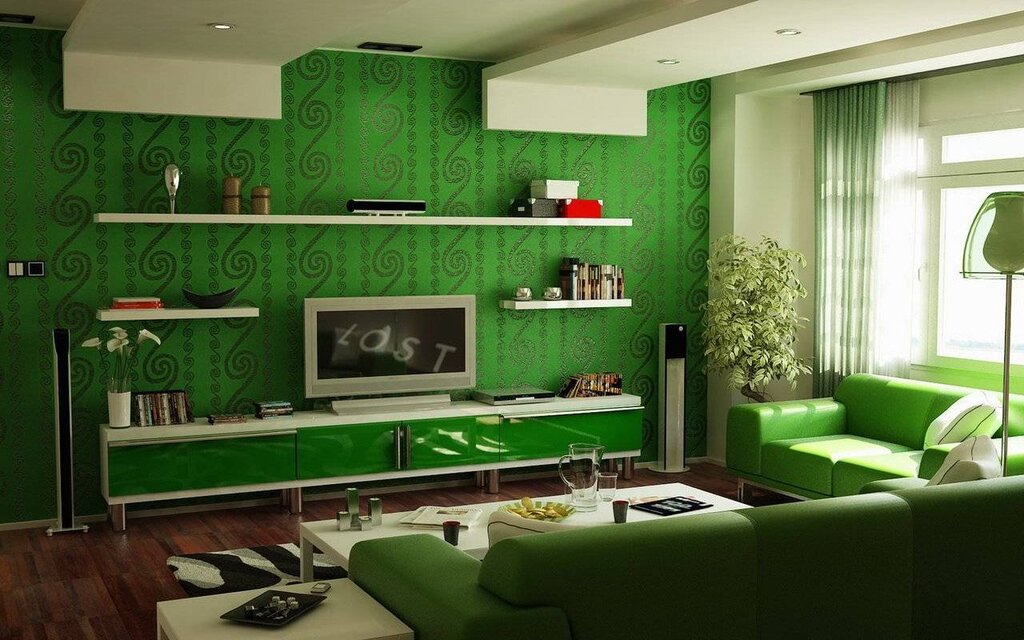 Green wallpaper in the living room 37 фото