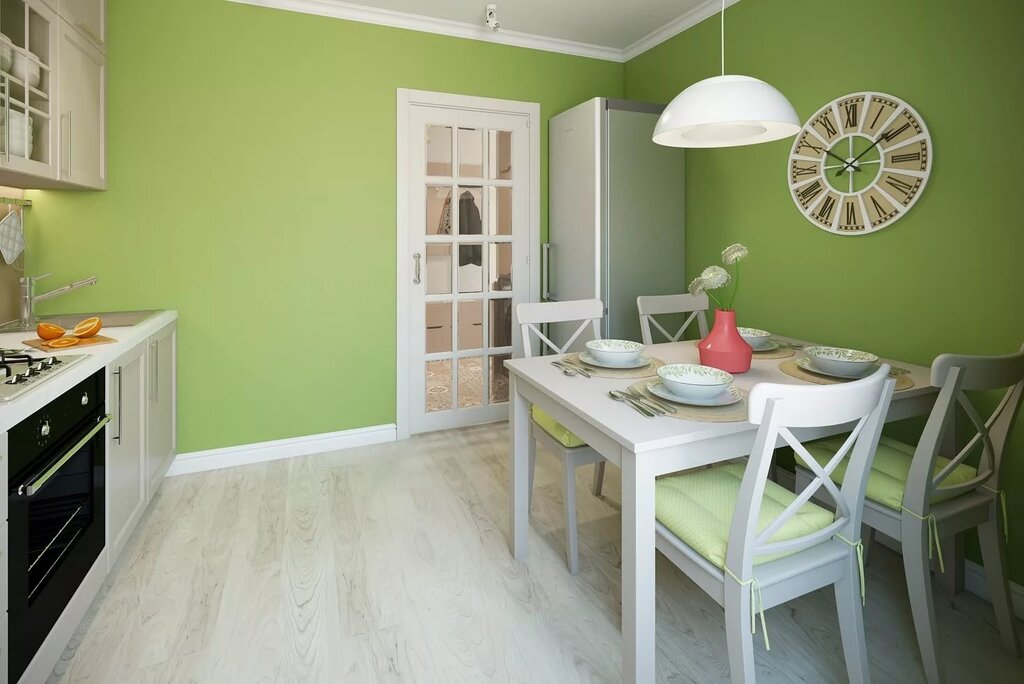 Green walls in the kitchen interior