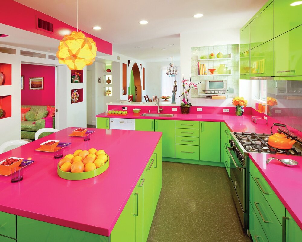 Green and pink in the kitchen interior