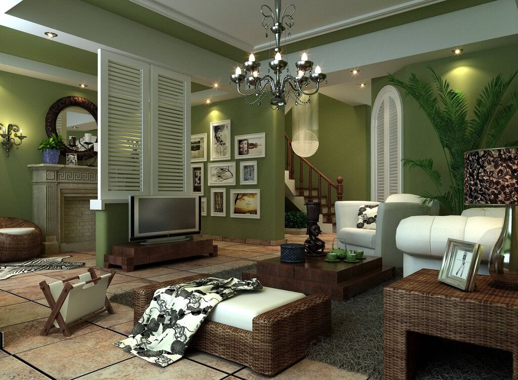 Green color in the living room interior