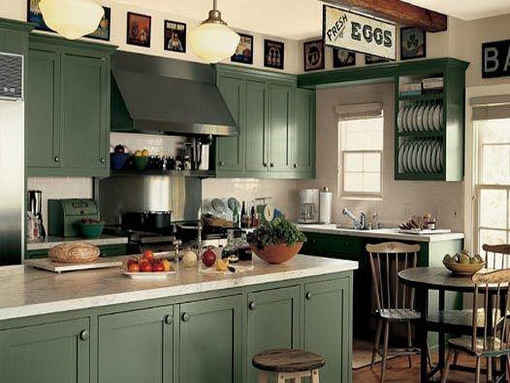 Green color in the kitchen interior