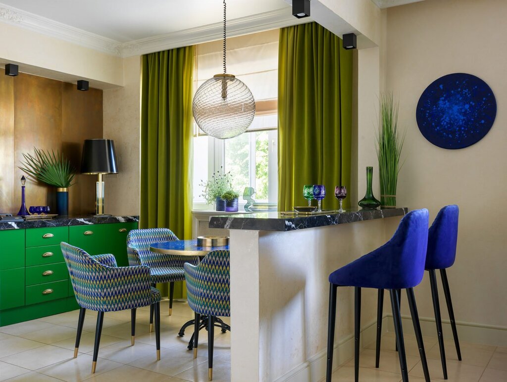 Green curtains in the kitchen interior