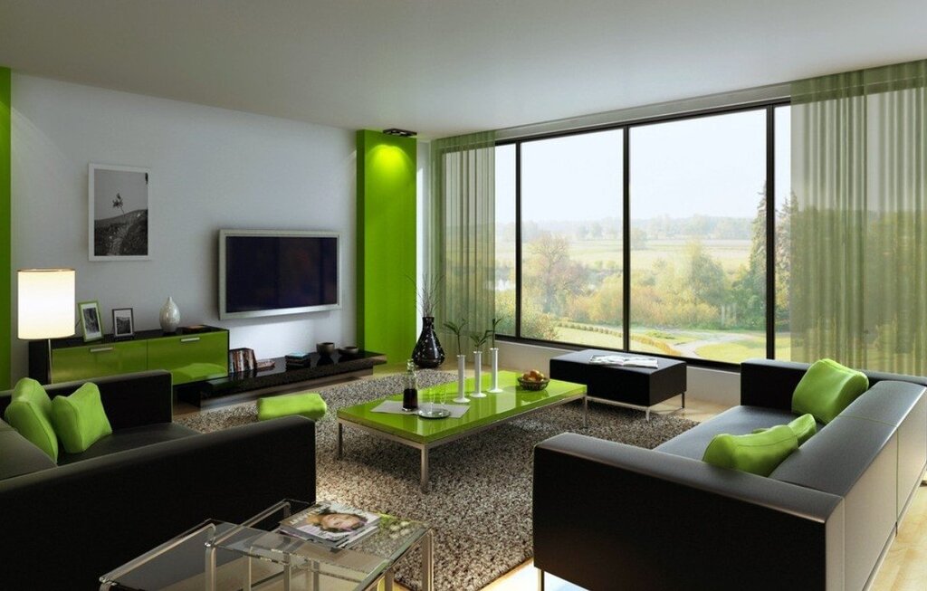 The green interior of the room