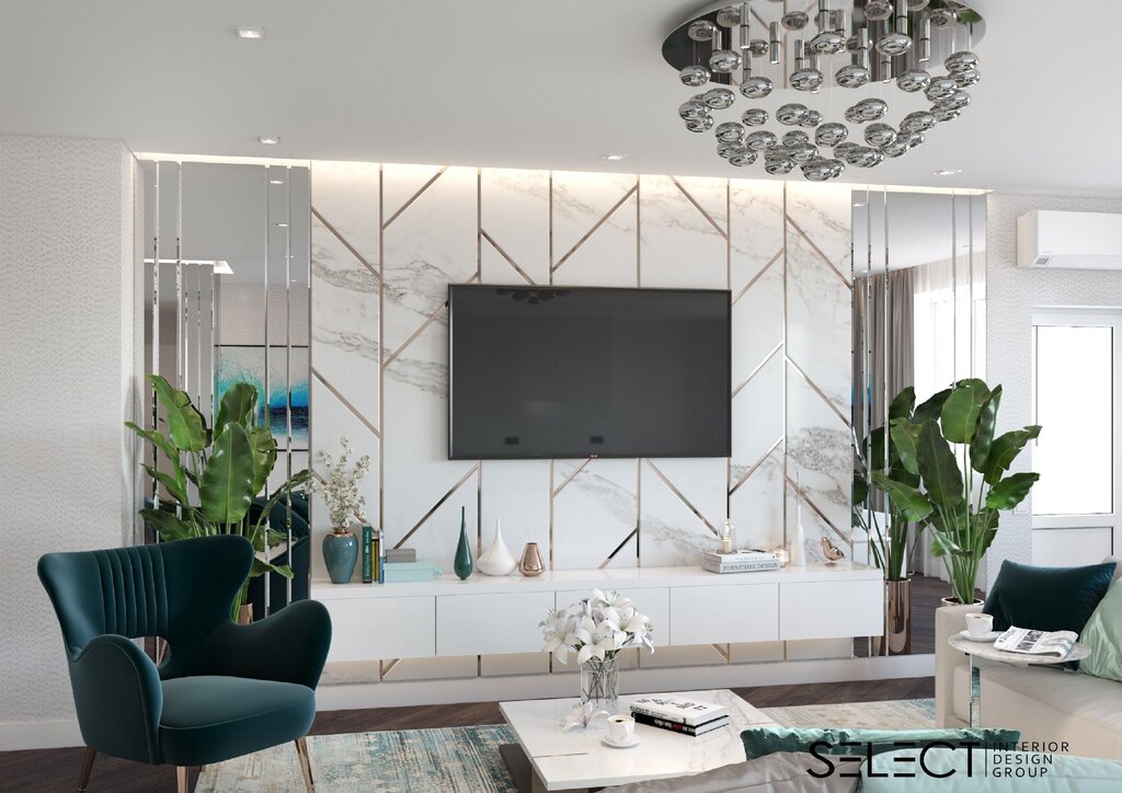 A mirrored wall in the living room interior