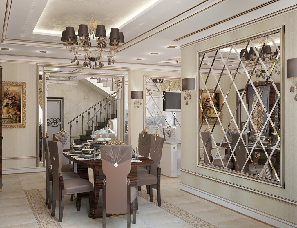 A mirrored panel in the kitchen interior