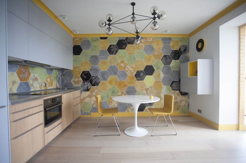 Yellow kitchen in the interior