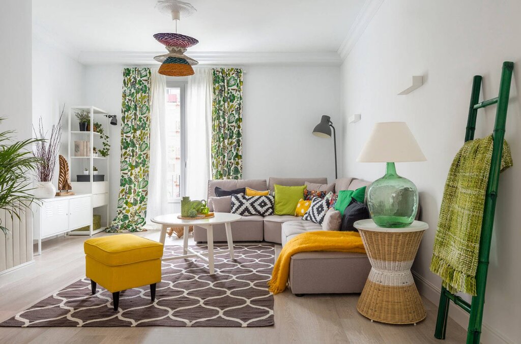 Yellow curtains in the living room interior