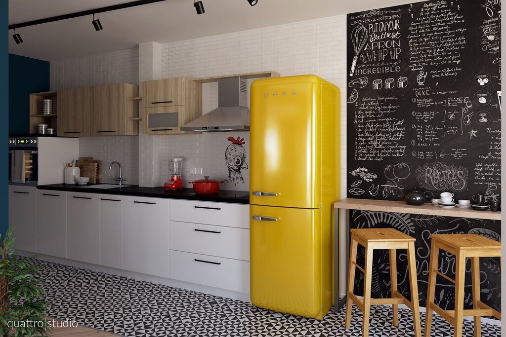 Yellow refrigerator in the interior