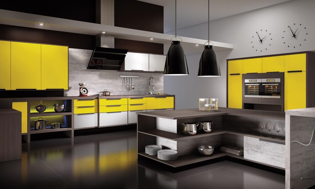 Yellow and black kitchen