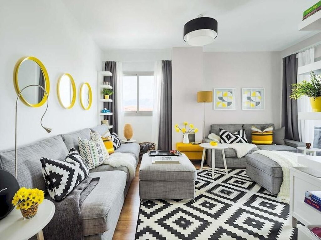 Yellow-gray living room interior