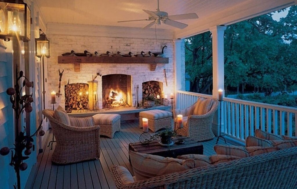 Winter veranda with a fireplace